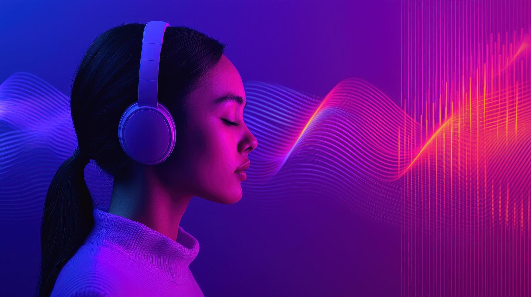 Young woman enjoying music studio setting digital art colorful background close-up perspective sound exploration photo