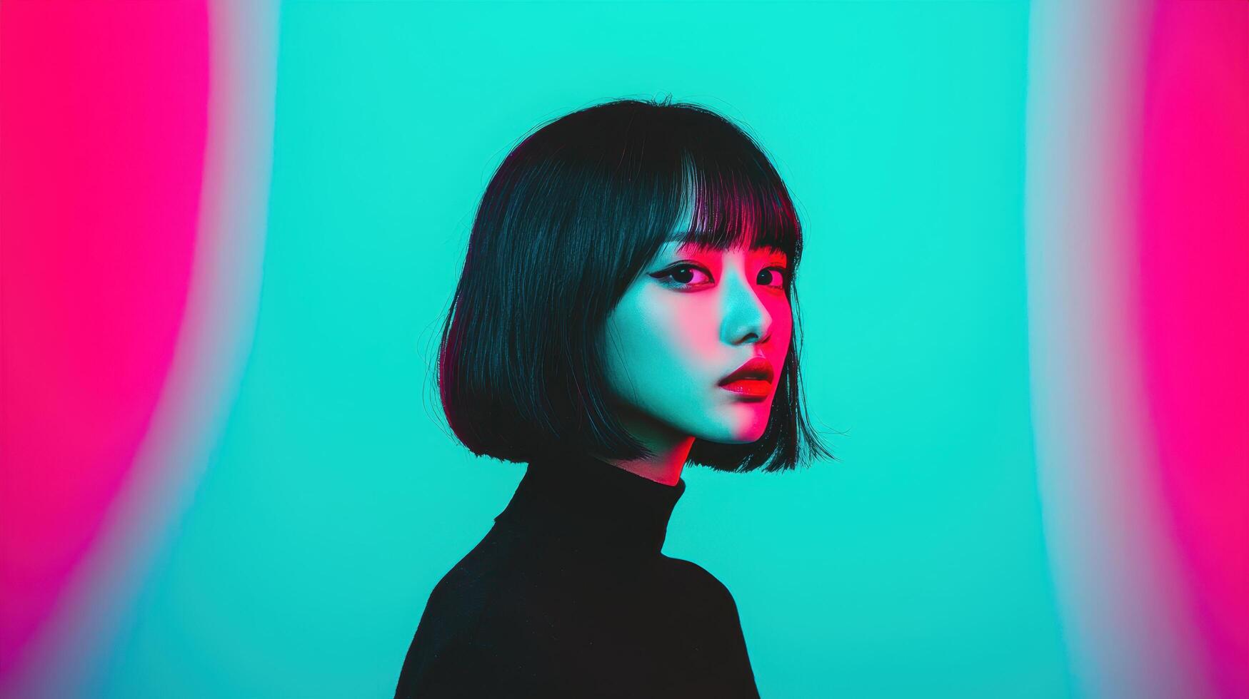 Modern japan woman portrait in clean background vibrant colors artistic style urban environment side view concept photo