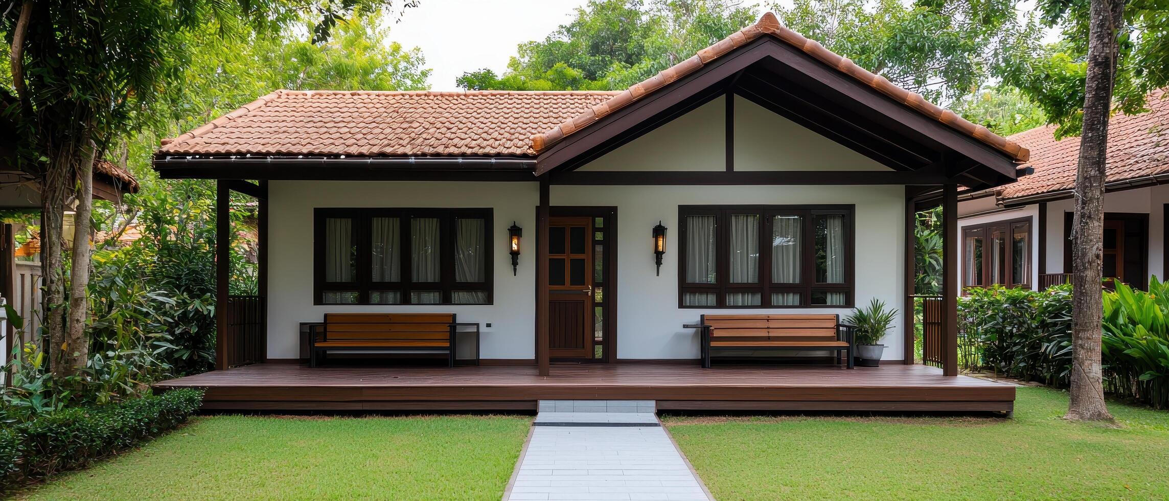 Charming modern cottage residential area architecture lush greenery front view tranquil living photo