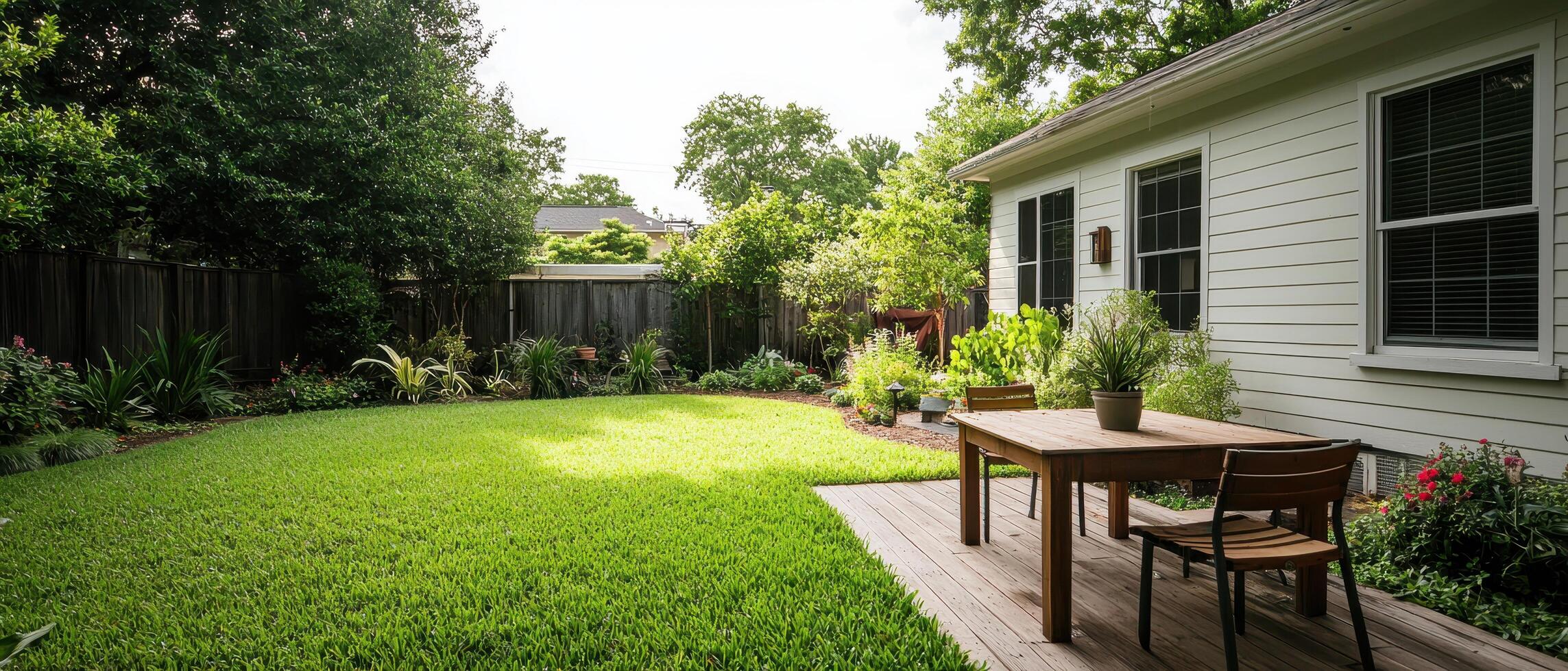Relaxing outdoor gathering residential backyard photography lush greenery wide angle tranquil setting photo