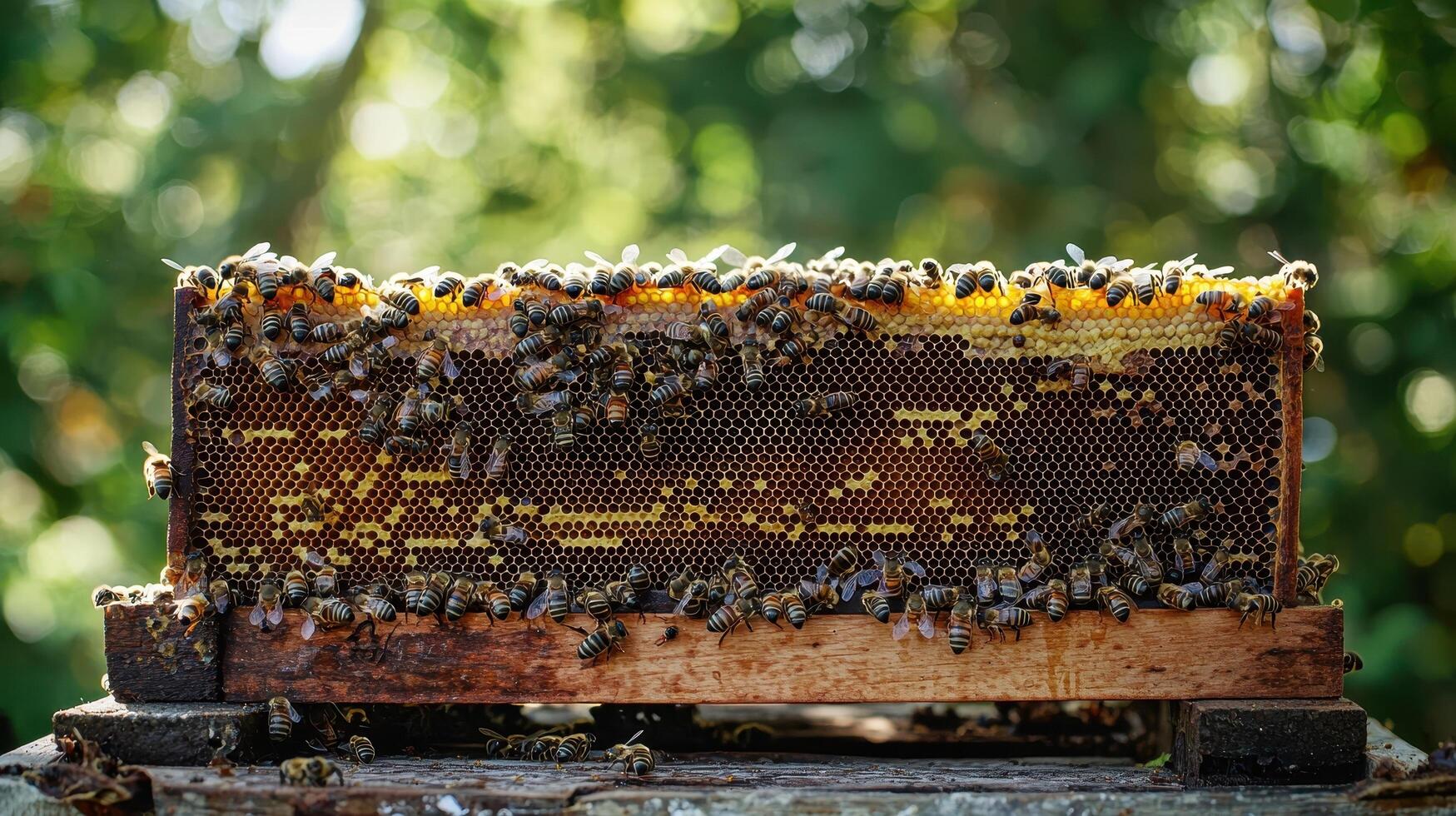 Beekeeping action local apiary honeycomb structure natural environment close-up view pollination concept photo