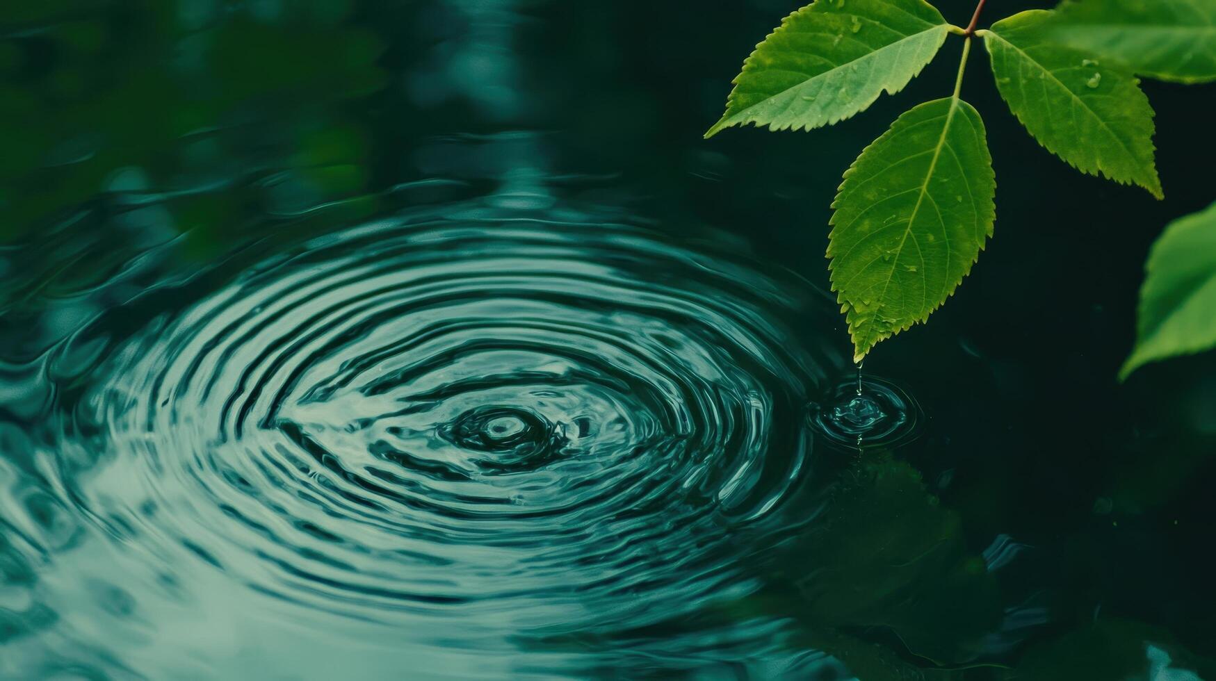 Water droplet splashes on still surface forest pond nature photography tranquil environment close-up view serenity concept photo