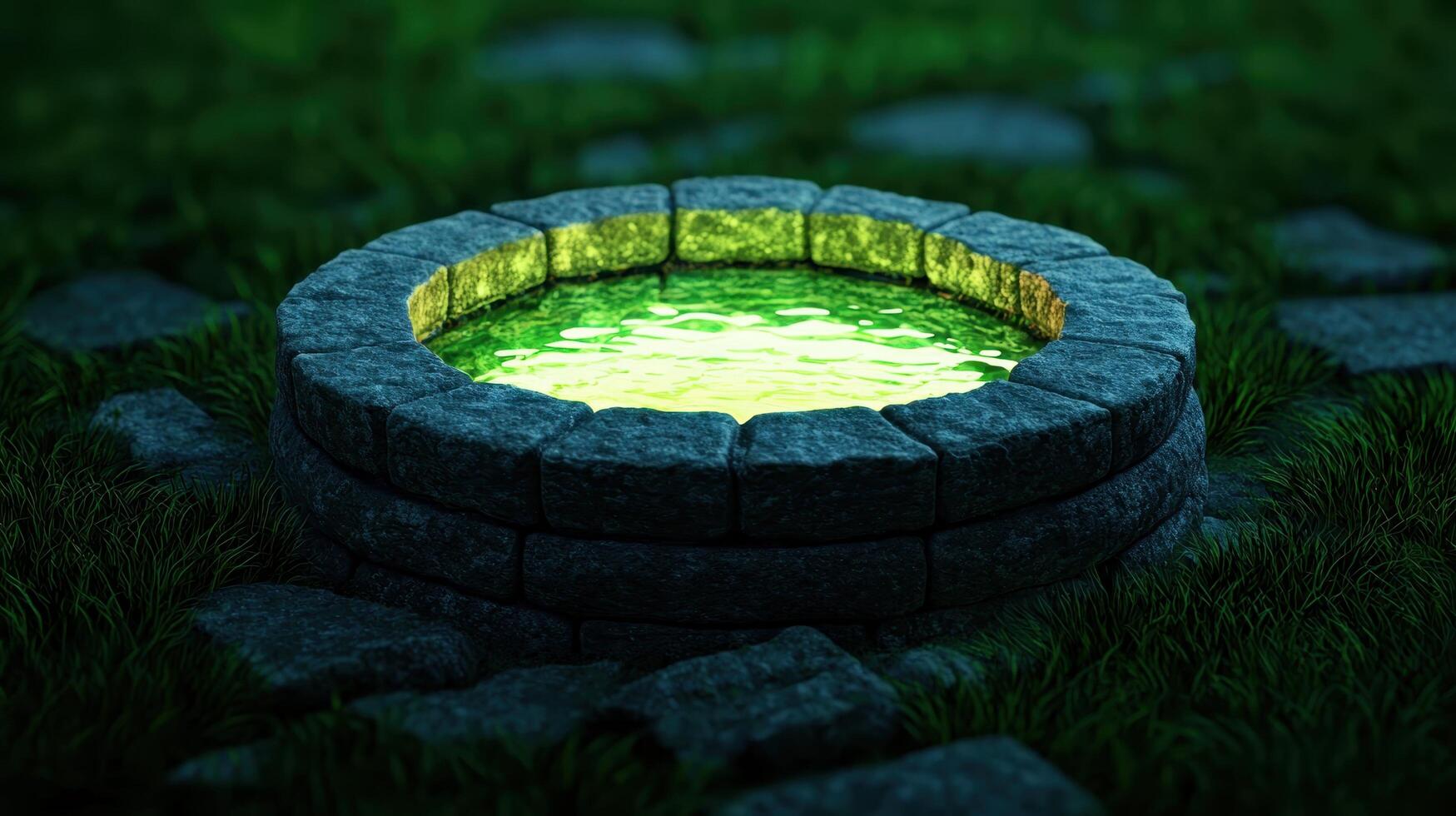 Enchanting green well with luminescent water mystic forest digital art tranquil setting close-up perspective photo