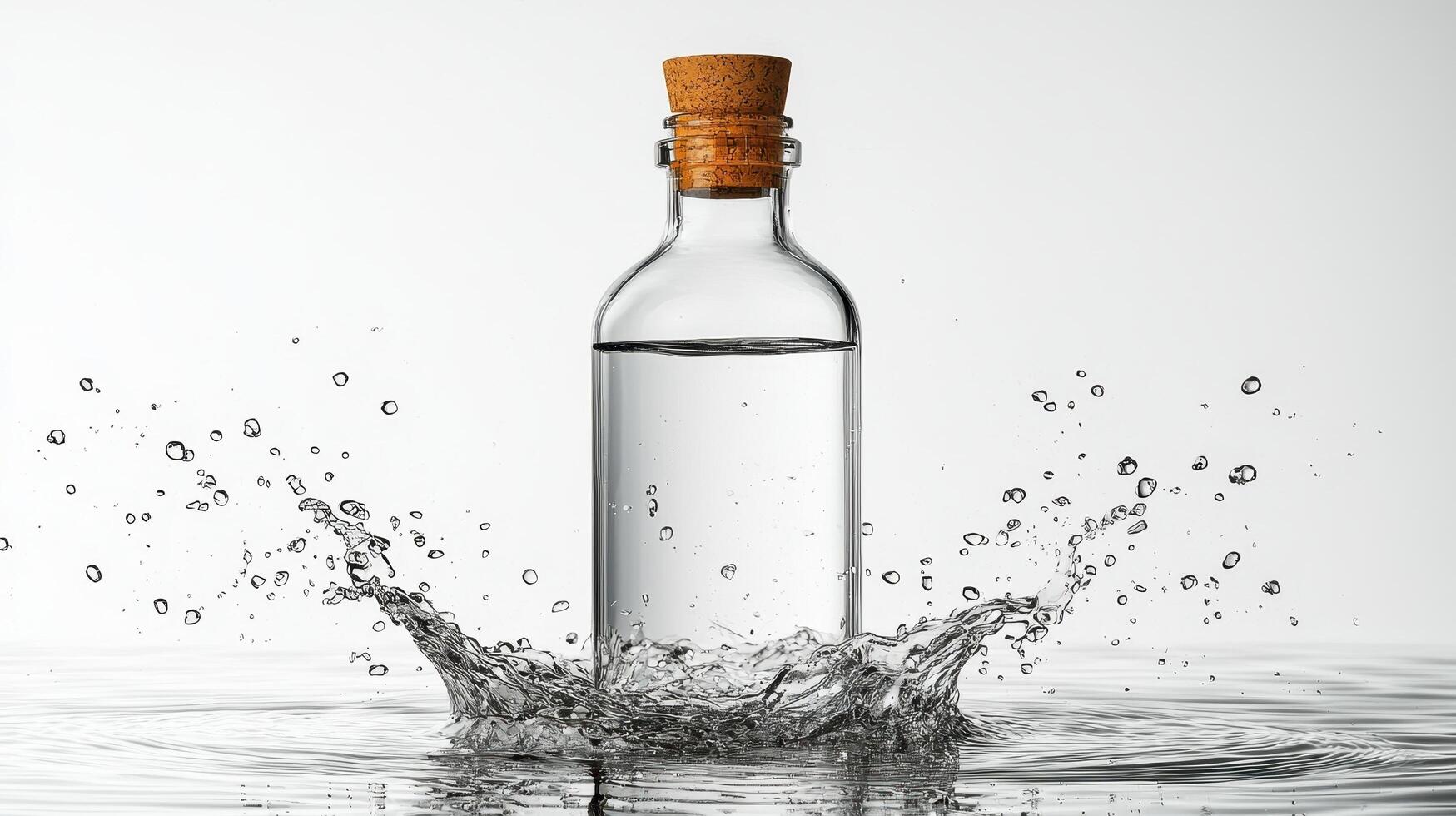 Dynamic water splash from a clear glass bottle studio setting high-quality photography minimalist aesthetic photo