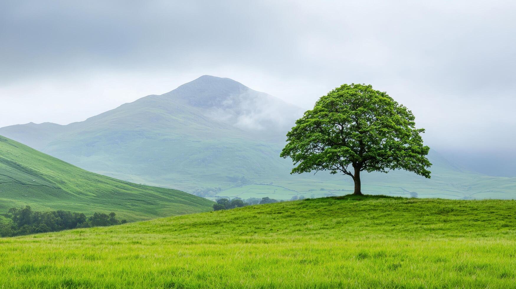 Peaceful tree standing alone on a hill mountain range nature scene serene environment wide angle view tranquility photo