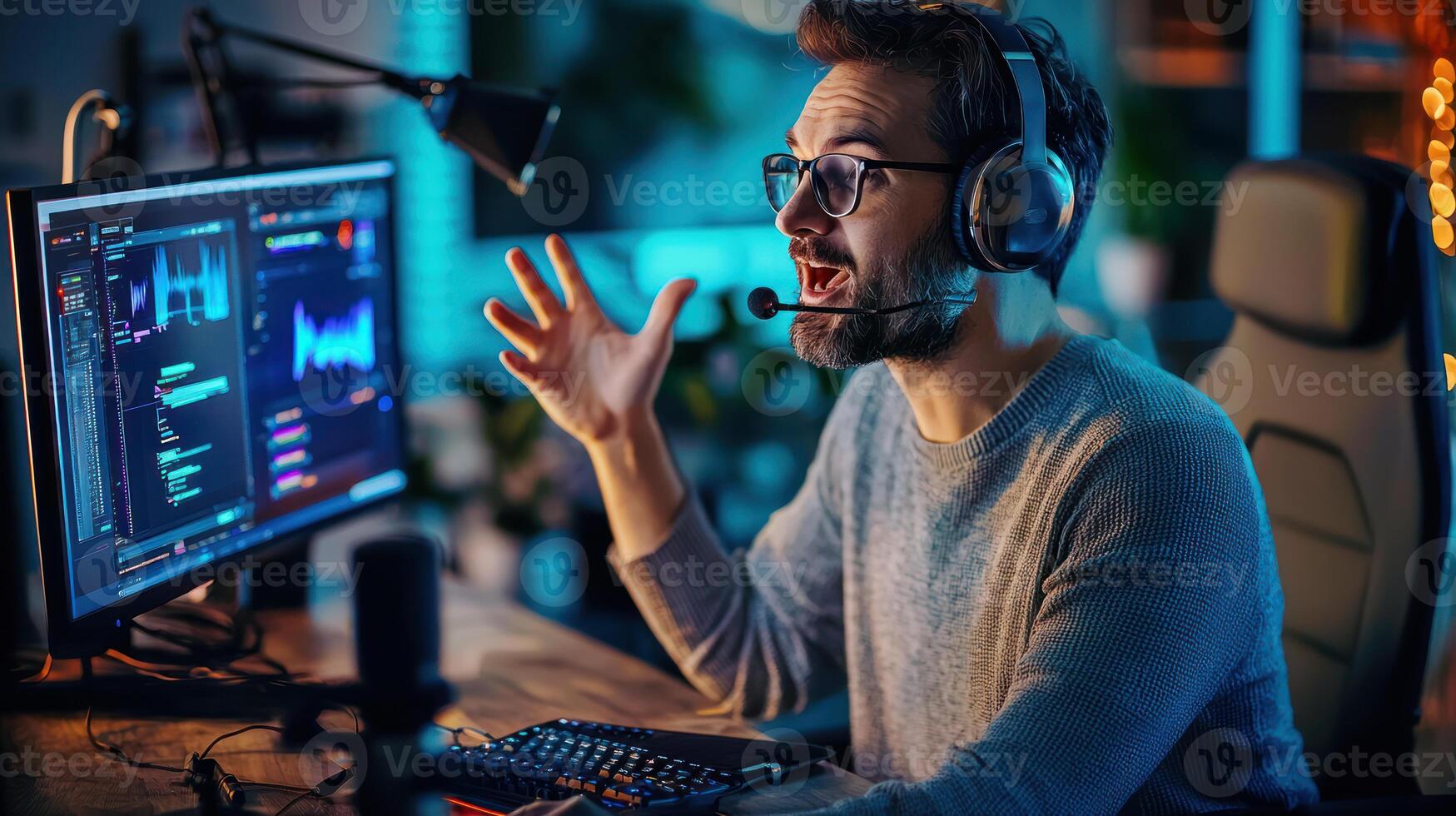 Engaged podcast host passionately discussing topics during live broadcast using advanced technology photo