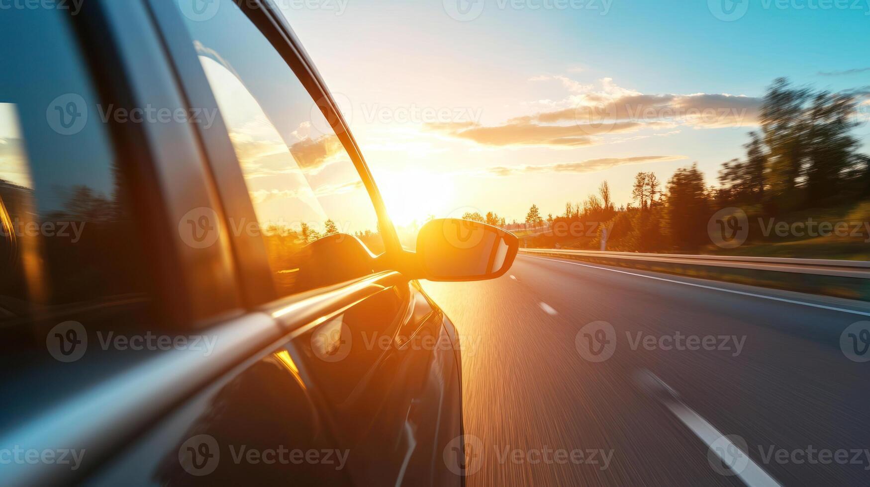 car driving on highway with beautiful sunset in background, creating serene atmosphere photo