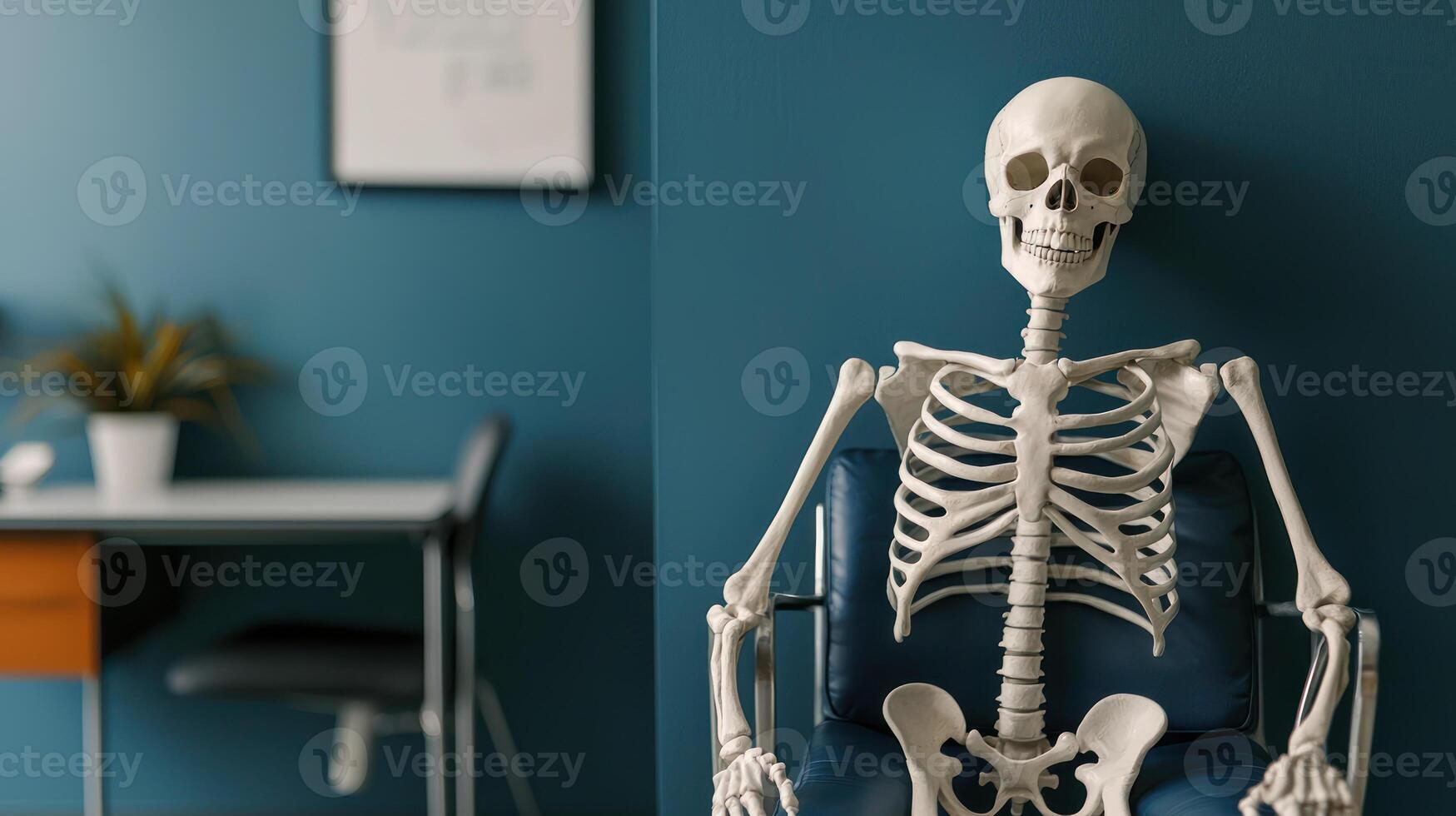 A skeleton posed humorously in doctor office, perfect for April Fools Day photo