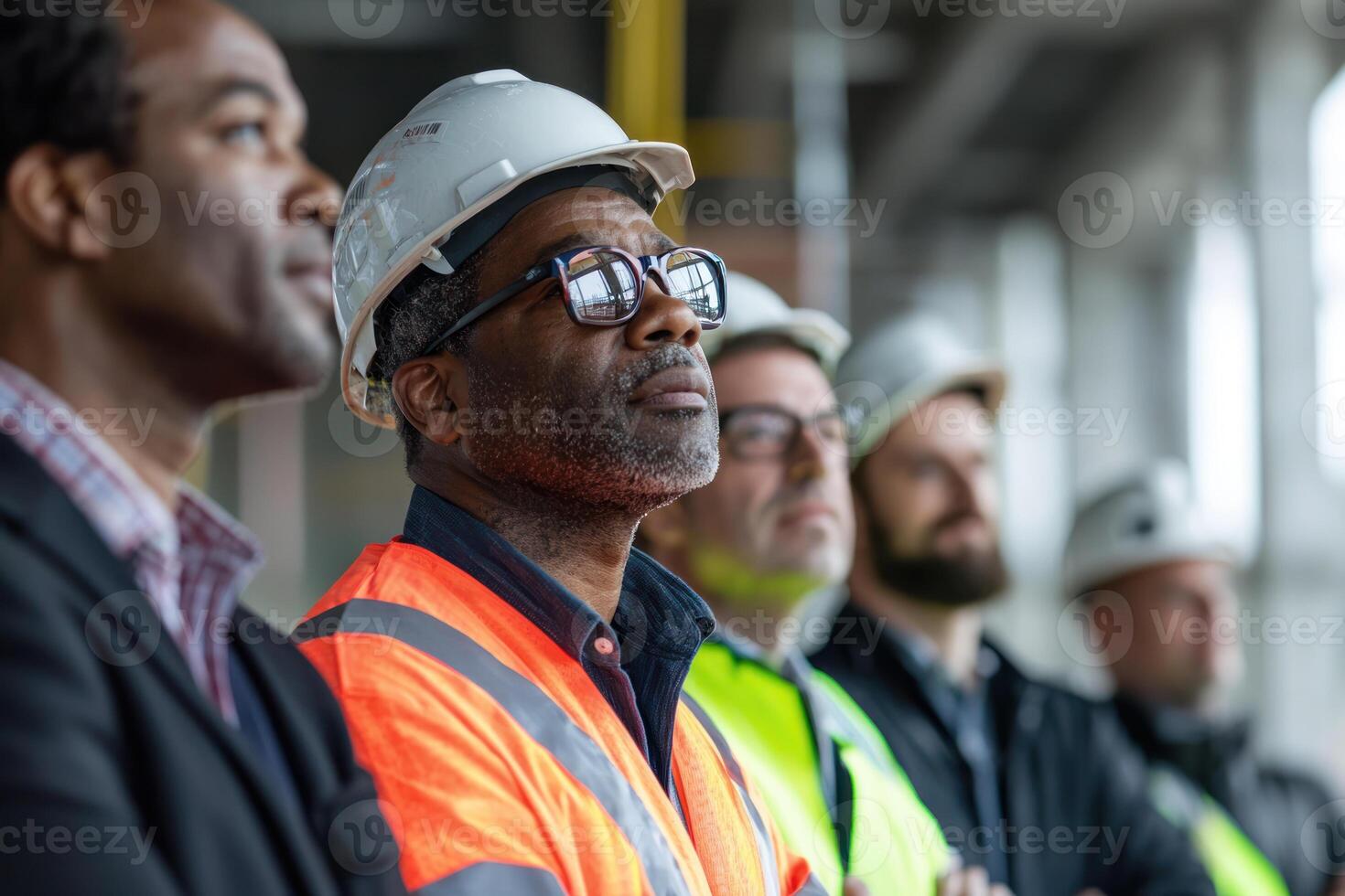 Diverse professionals at construction site, showcasing teamwork and industrial development photo
