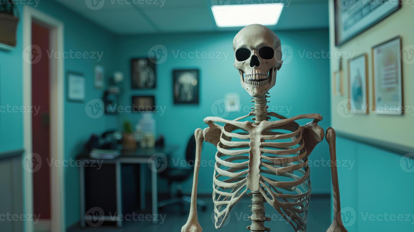 skeleton posed humorously in doctor office, perfect for April Fools Day. photo