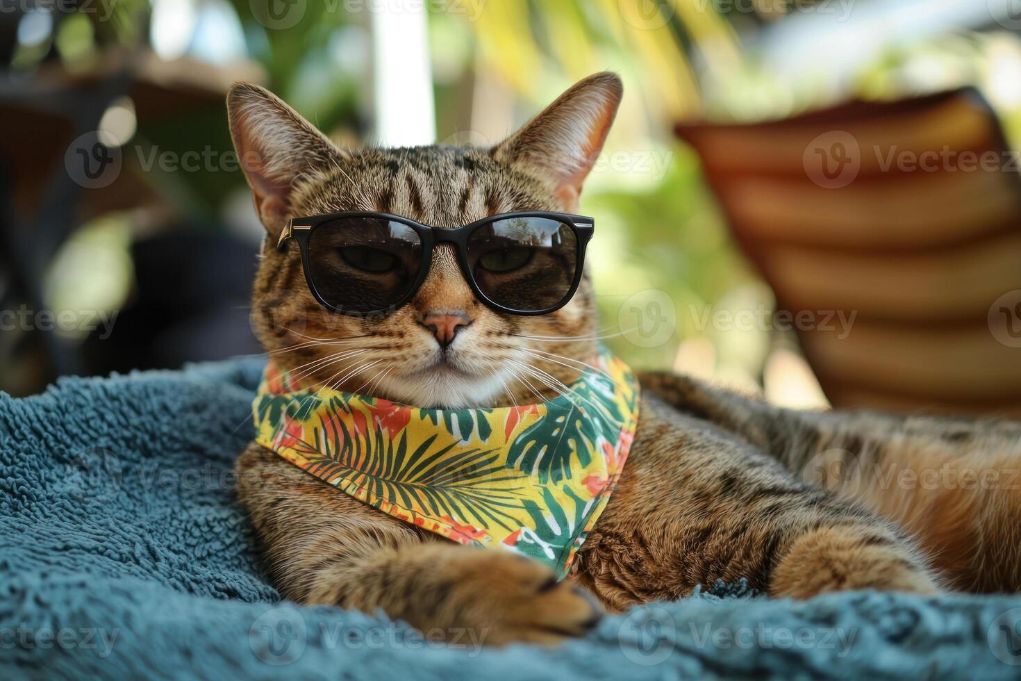 stylish cat lounging on beach towel, wearing sunglasses and tropical bandana, exuding relaxed vibe photo