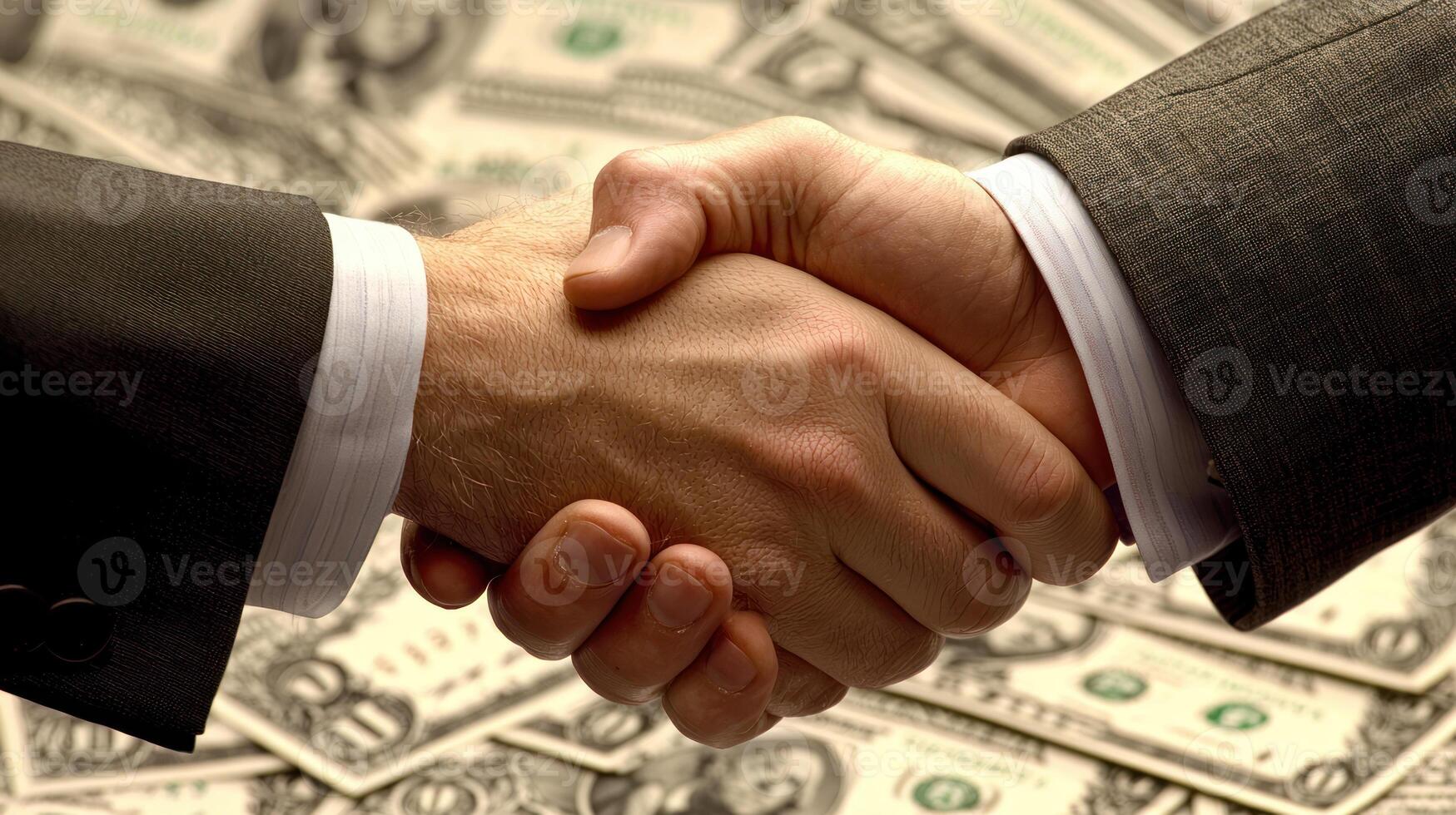 close up of hands shaking over contract on pile of money, symbolizing trust and agreement in financial services photo