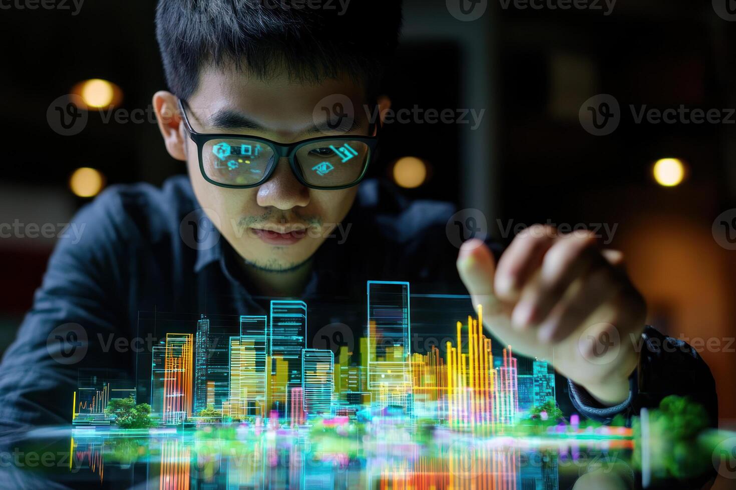 financial advisor using augmented reality to explain digital services to clients, showcasing vibrant city model photo