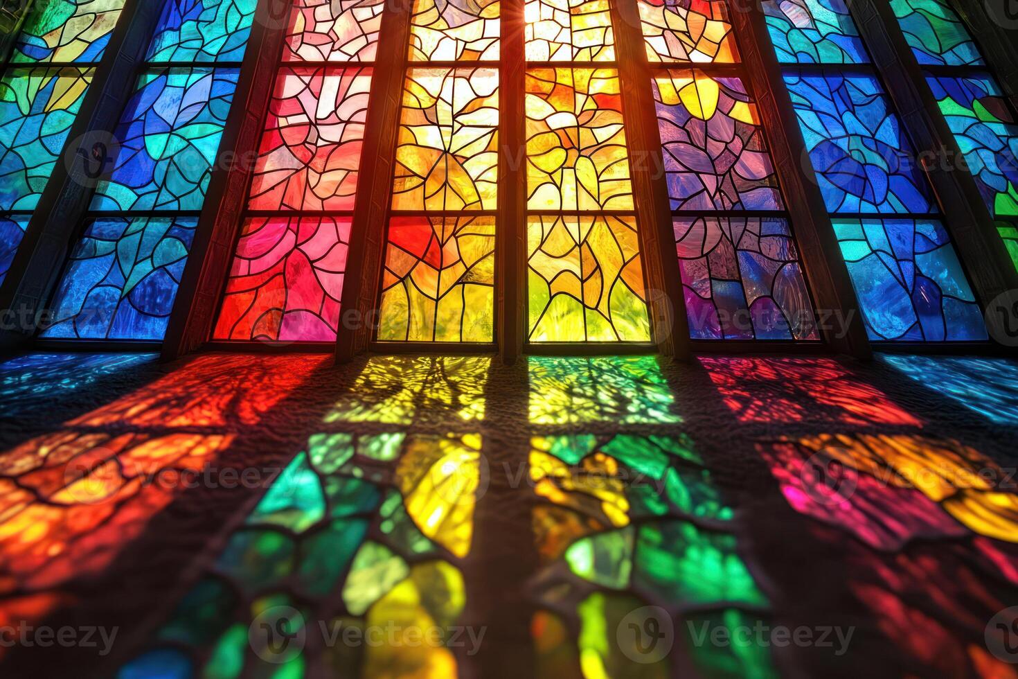 Rainbow stained glass window design creates vibrant unity theme with colorful reflections. light casts beautiful patterns photo