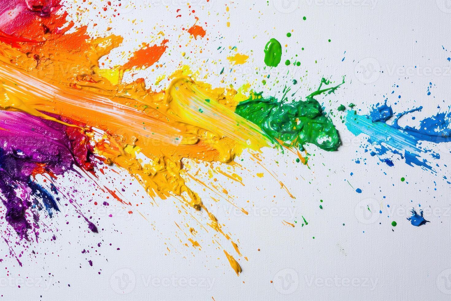 Rainbow paint splatters on canvas create joyful and vibrant scene, perfect for artistic expression photo