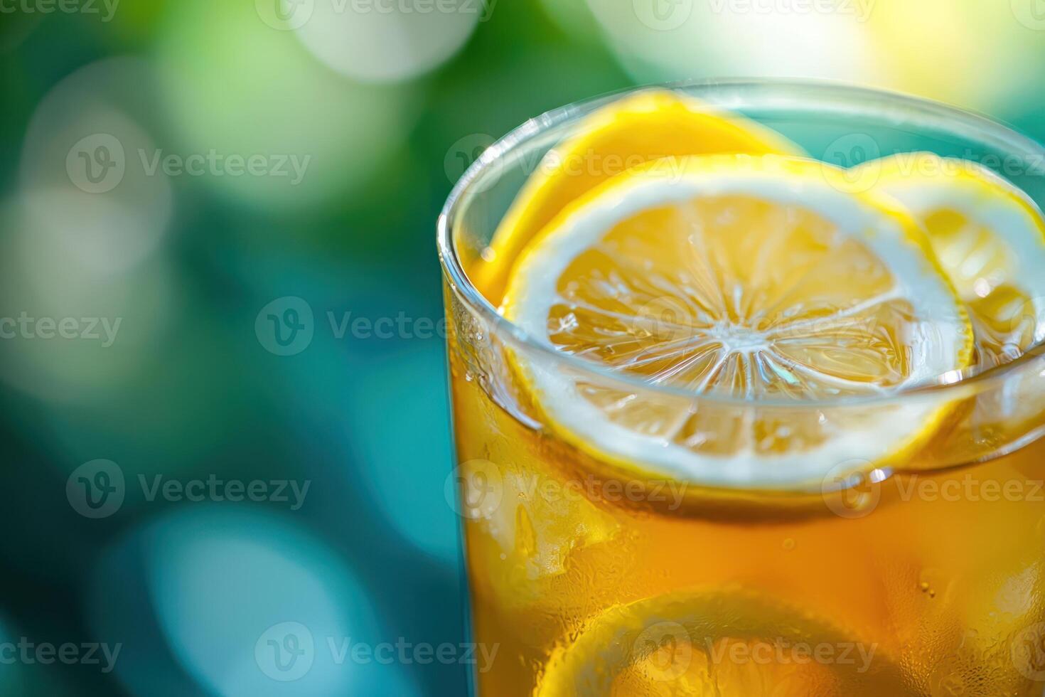 refreshing glass of iced tea with lemon slices, bright sunlight enhances cool blue tones, creating vibrant atmosphere photo