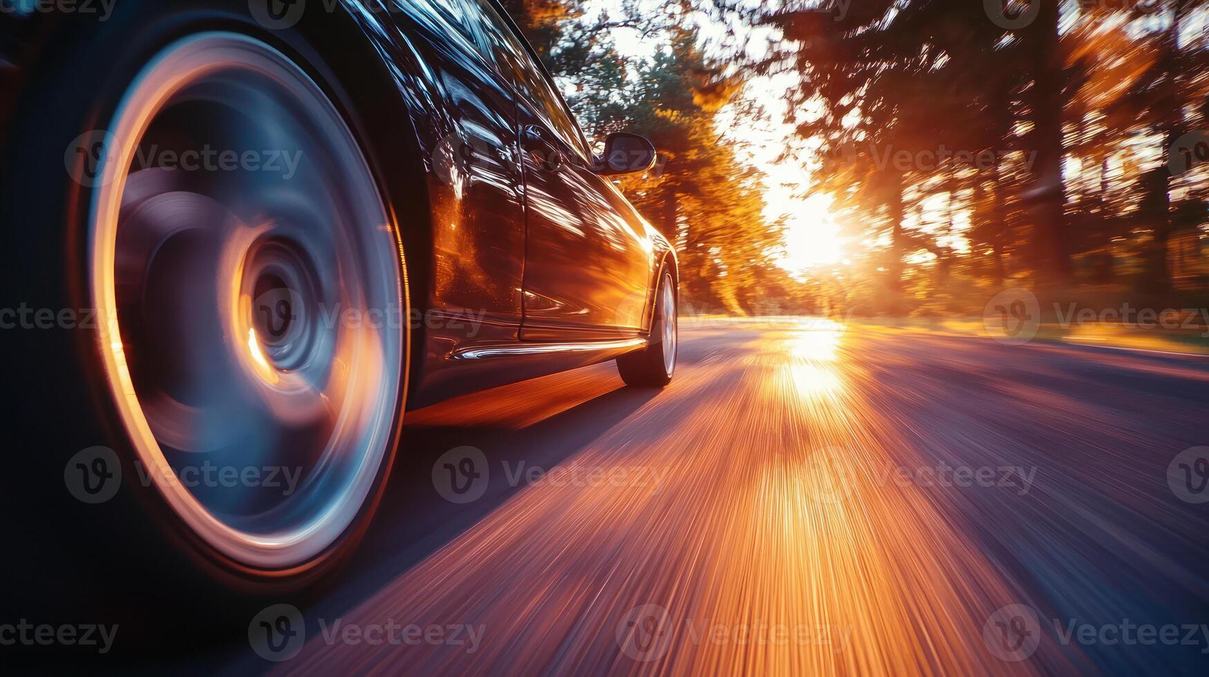 car driving at high speed on road, capturing sense of speed and motion. warm sunlight enhances dynamic atmosphere photo