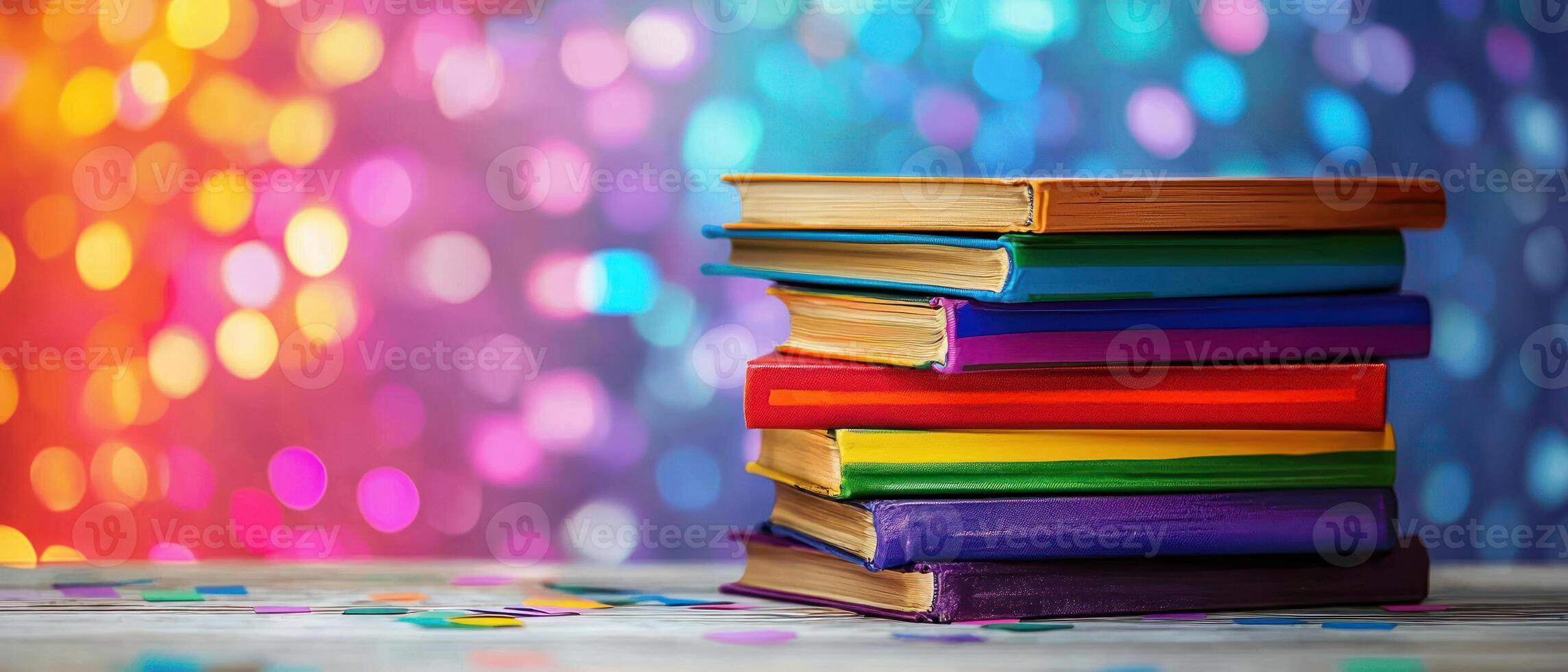 Stack of books with rainbow spines on colorful background, celebrating literature and creativity photo