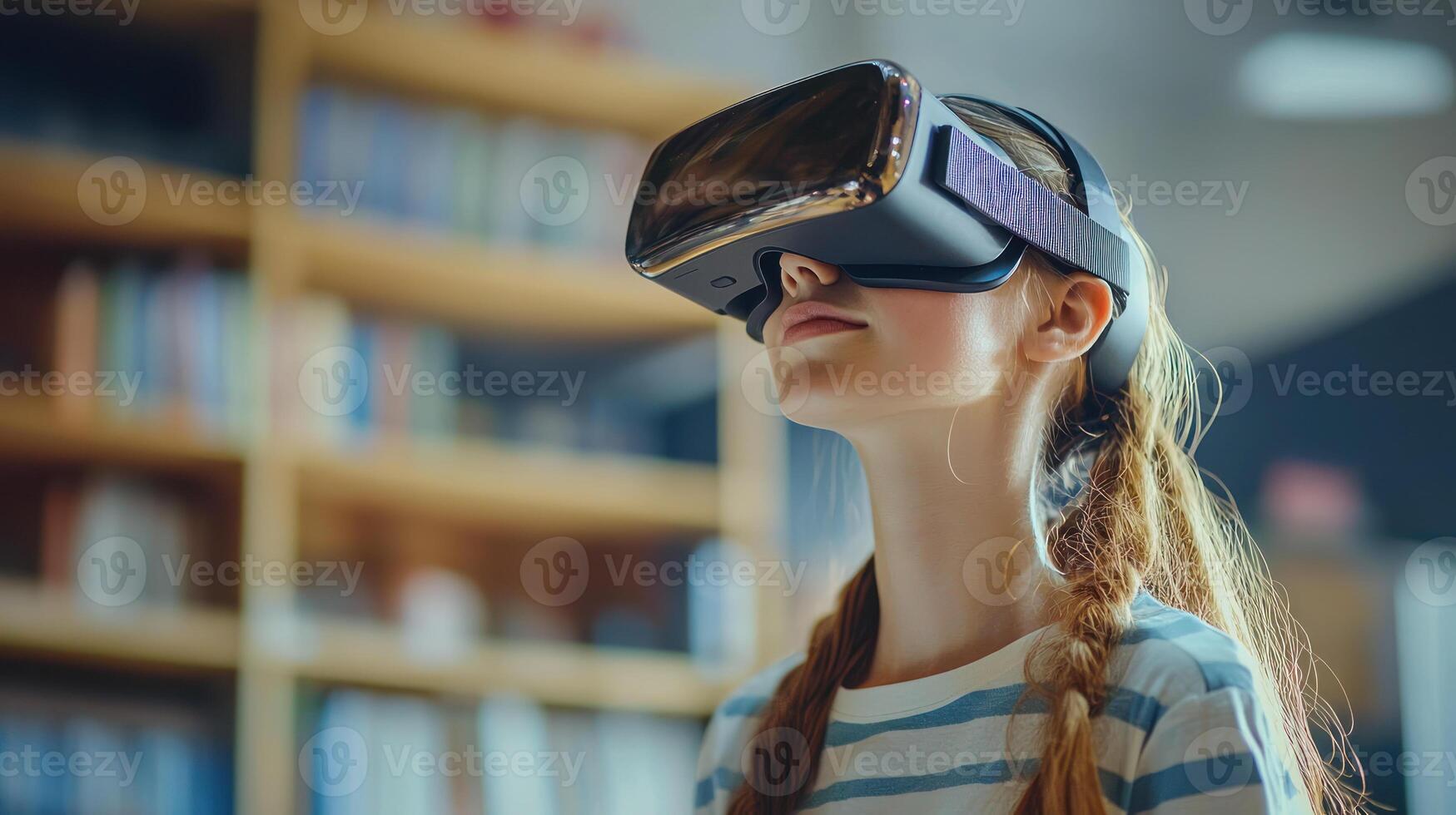 Student learning remotely with VR headset, showcasing technology innovation and cloud computing education. photo