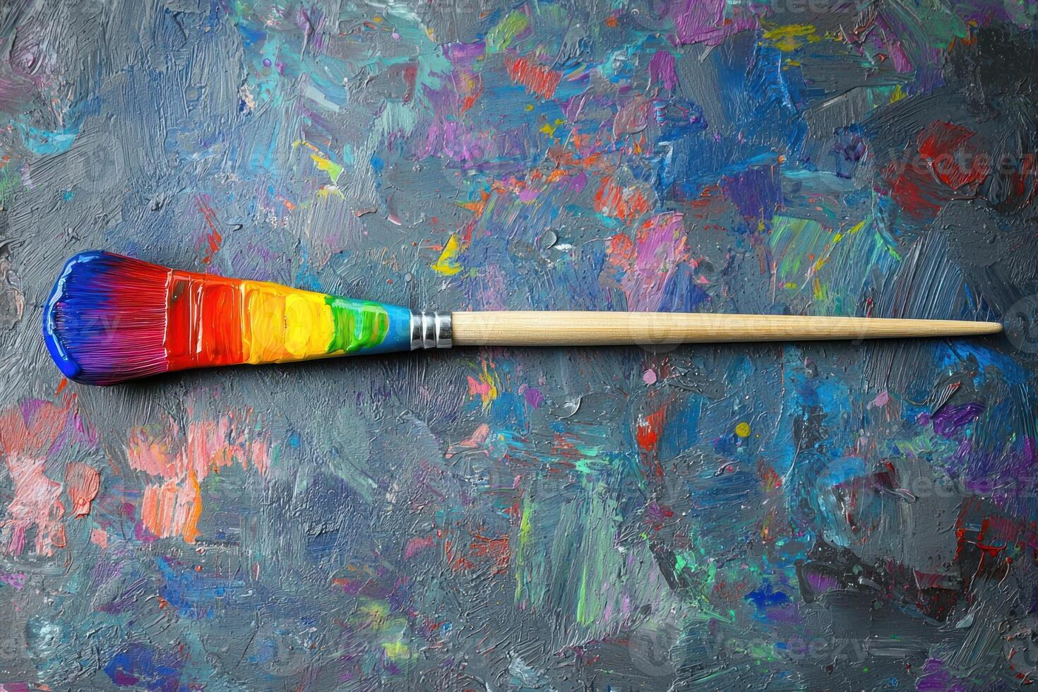 vibrant paintbrush with rainbow colors rests on textured canvas, inspiring creativity and joy photo