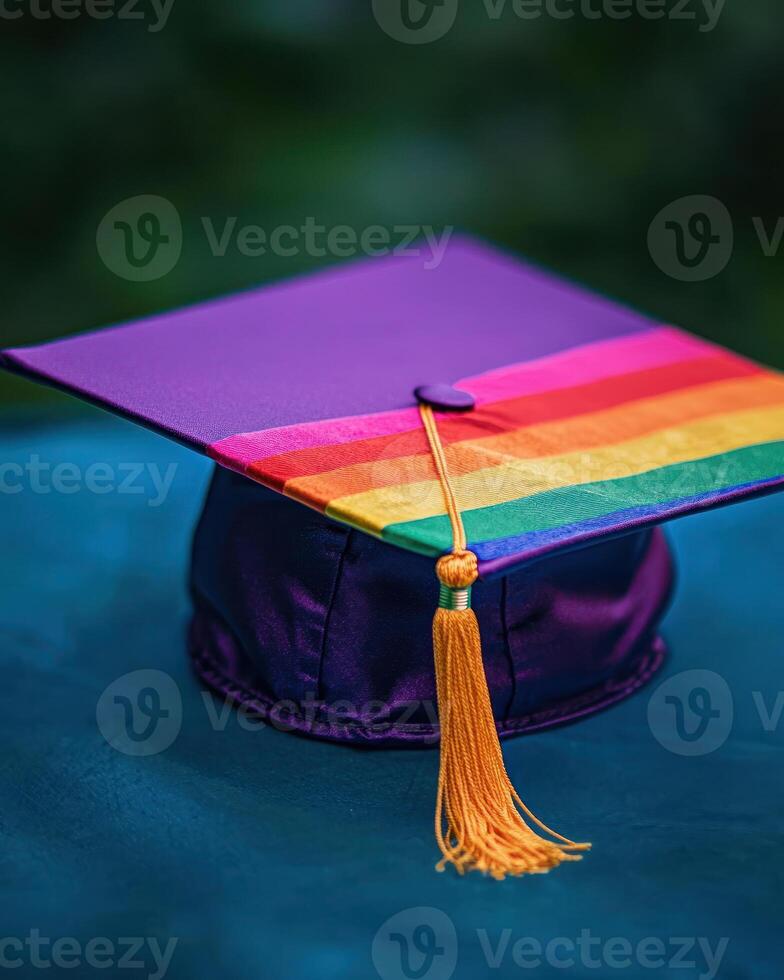 Rainbow colored graduation cap symbolizes pride and progress, perfect for celebrating rights. blurred background adds depth photo