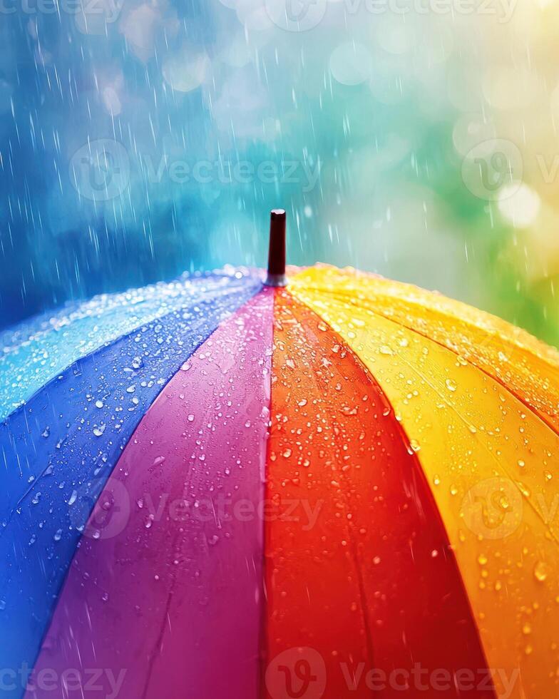 Colorful umbrella with raindrops, joyful protection from rain photo
