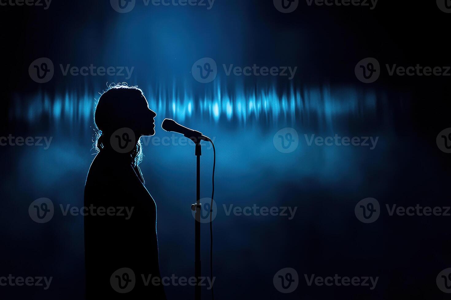 silhouette of person speaking into microphone, soundwaves echoing in dark, creating dramatic atmosphere photo