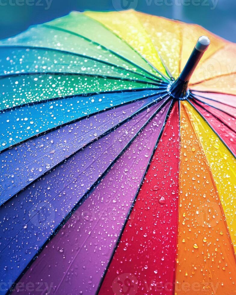 Colorful rainbow umbrella with raindrops, offering joyful protection photo