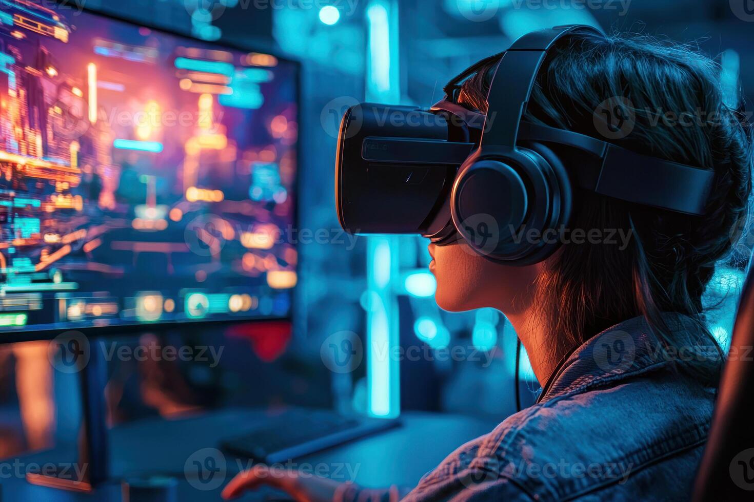 Gamer immersed in virtual world, experiencing technology innovation and cloud computing gaming photo