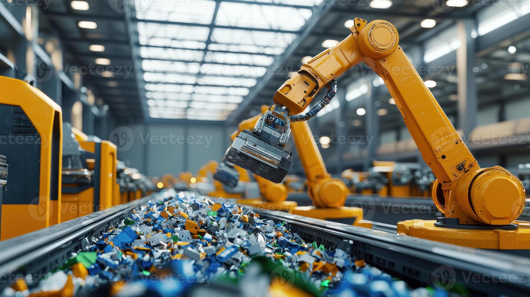 Robotic arms sorting recyclable materials in advanced automated waste management facility photo