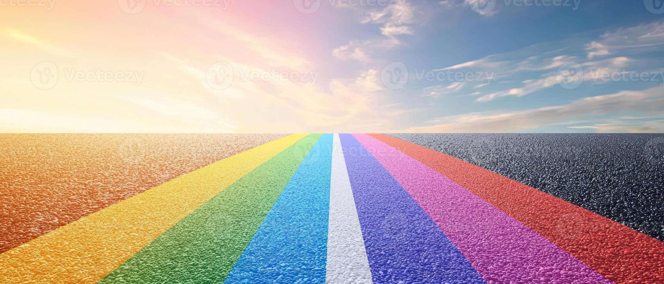 vibrant rainbow road stretches towards horizon, symbolizing hope and future. sunny landscape evokes sense of rights activism photo