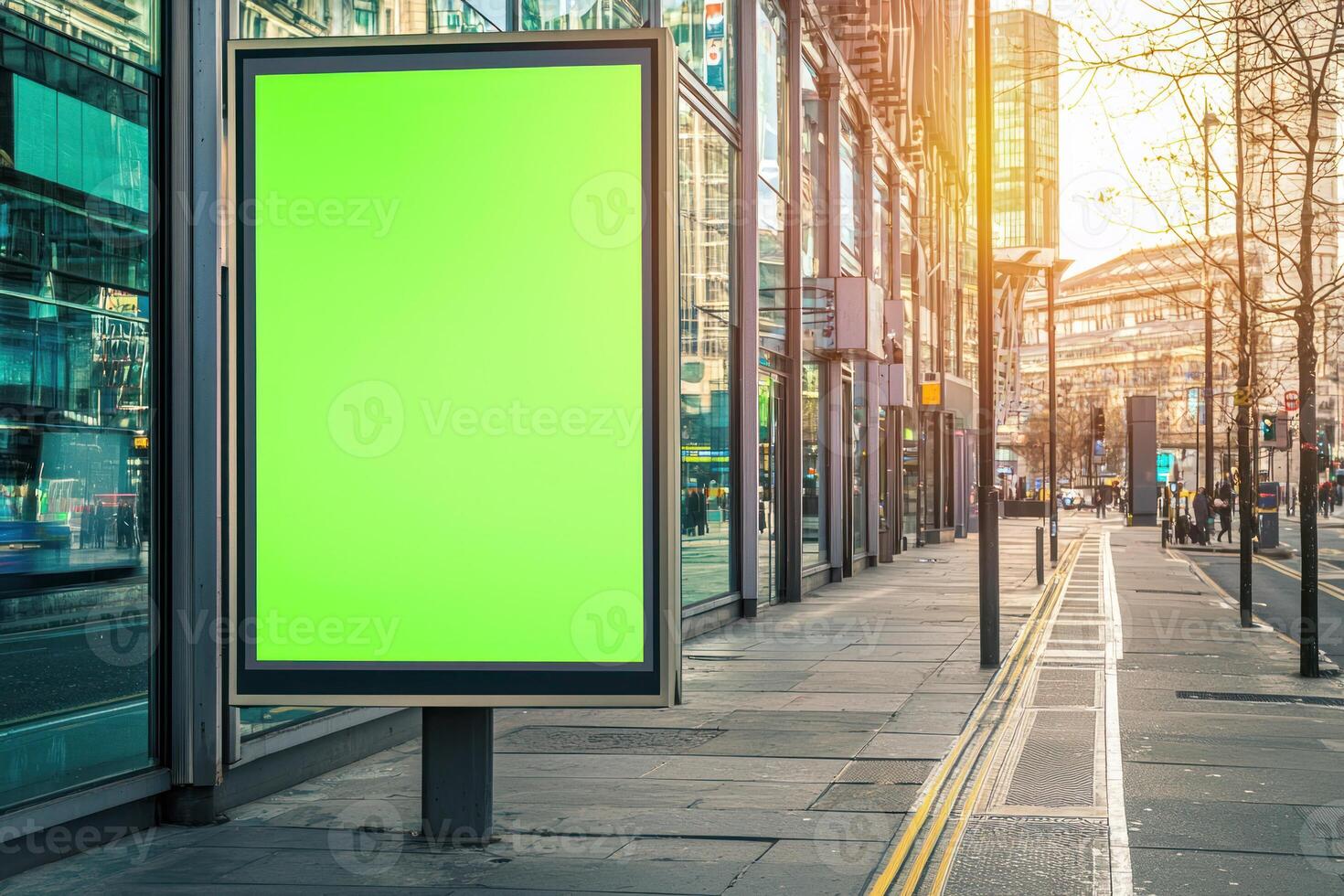 Empty digital billboard in London with modern design and green screen area, sunny day, perfect for editing content photo