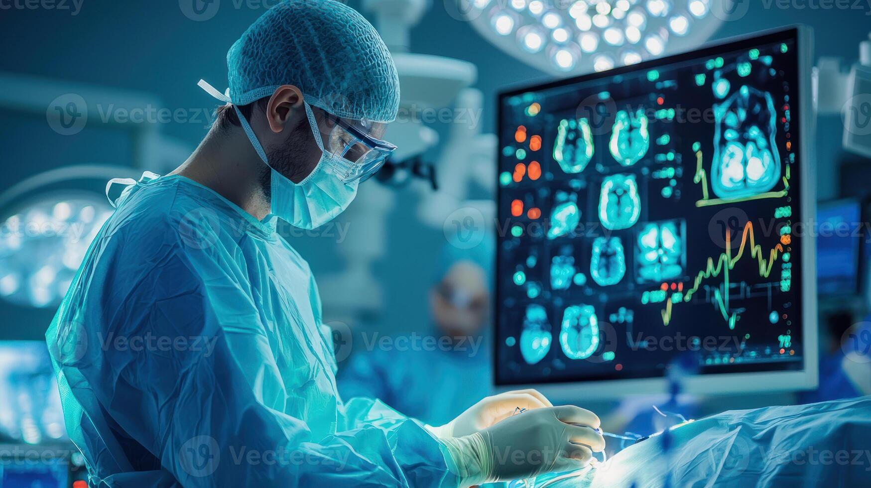 Surgeon performing remote surgery using advanced technology and 5G innovation healthcare, medical technology, and precision photo