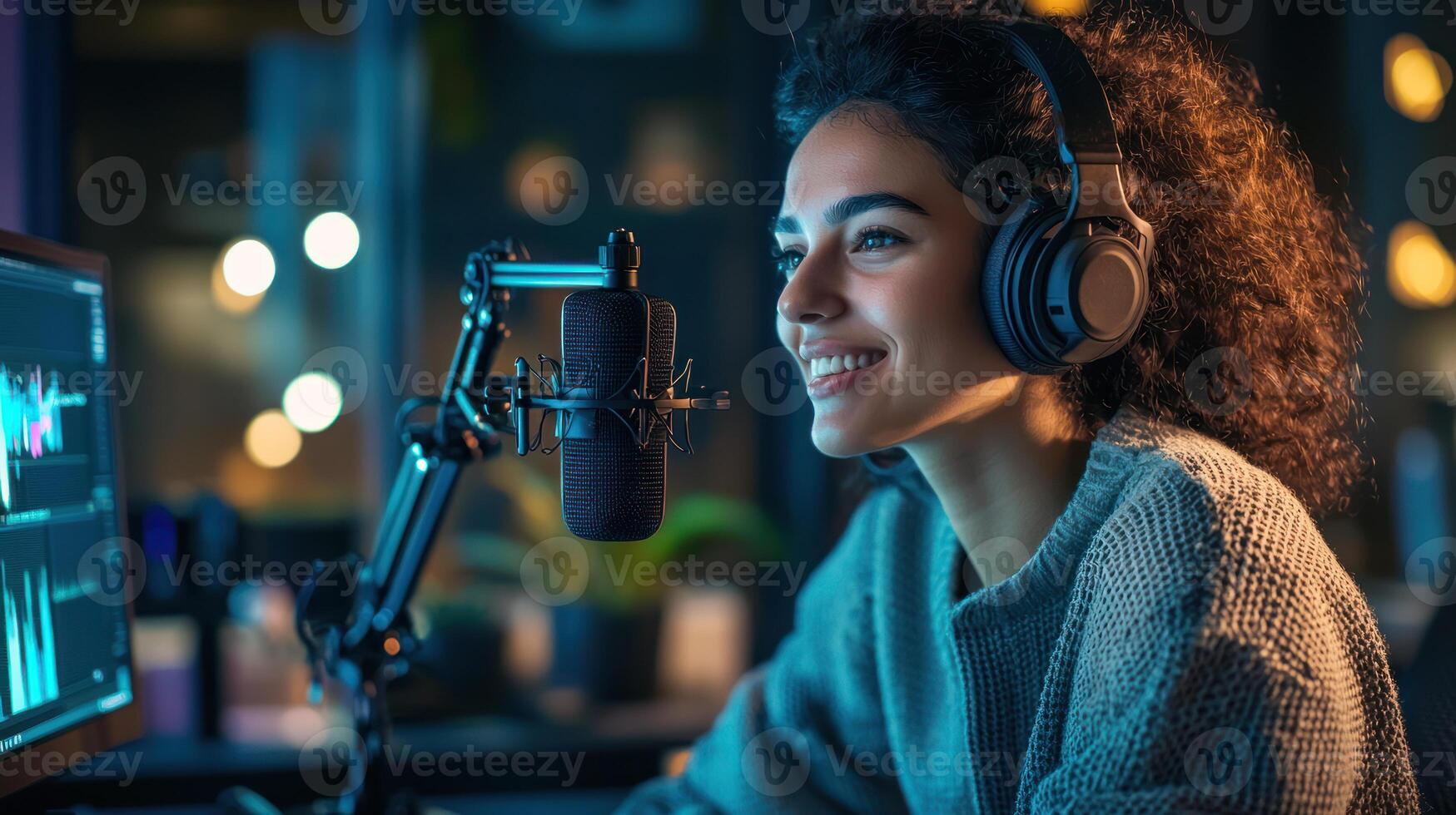 Podcast host smiling while broadcasting live with headphones and microphone photo