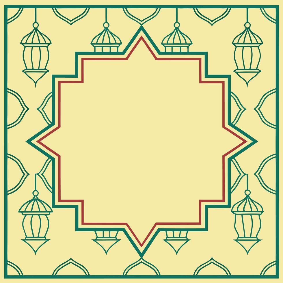 Elegant Islamic design with hanging lanterns and geometric frame, perfect for invitations or cards. vector