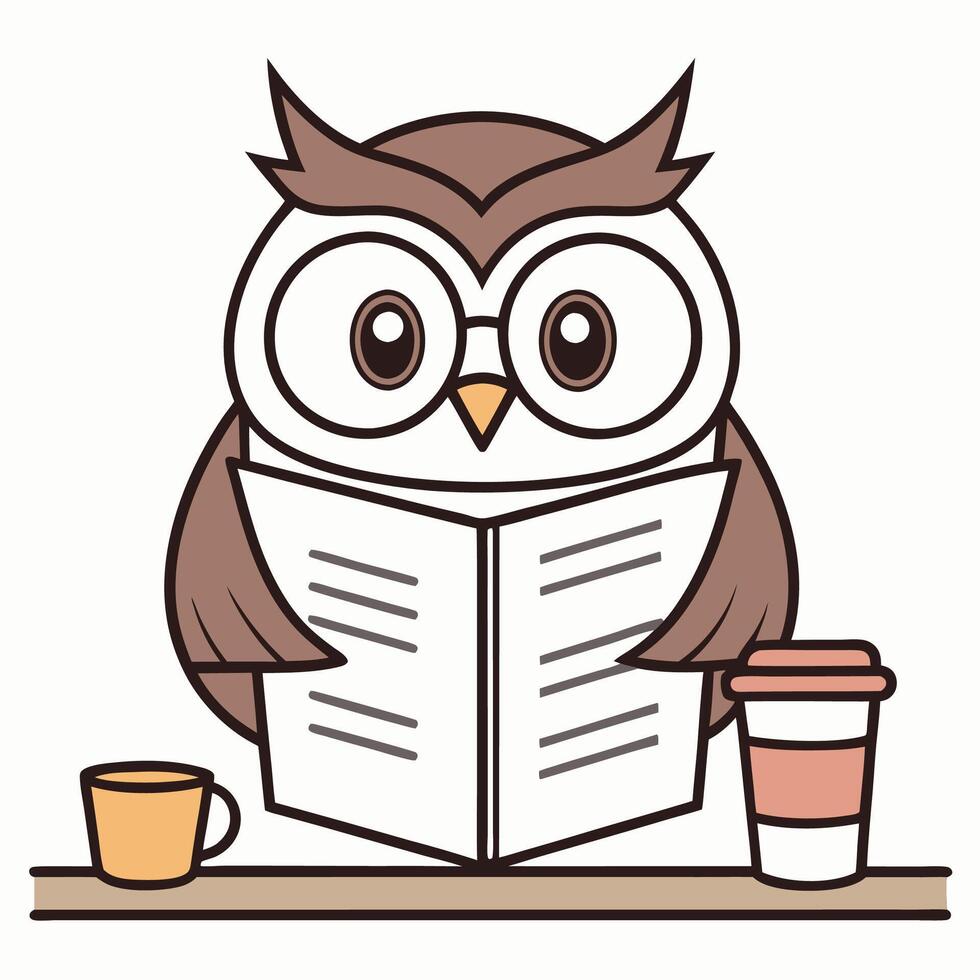 Cute owl reading newspaper with coffee cups on table. vector