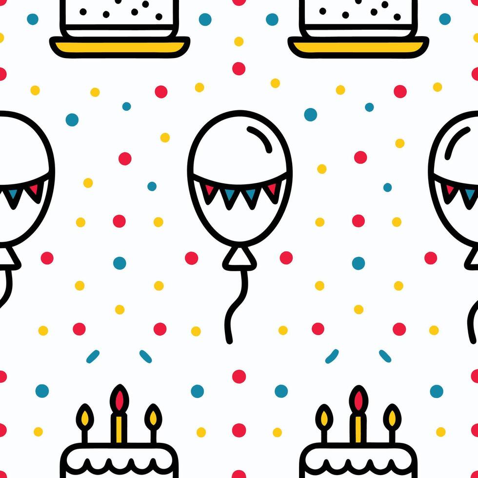 Festive birthday pattern with cakes, balloons, and confetti. vector