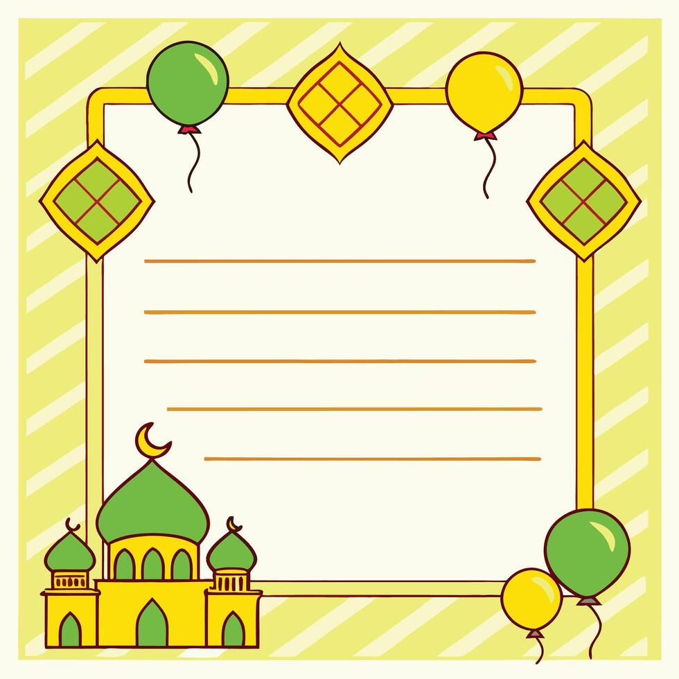 Festive Eid al-Fitr card with mosque, balloons, and lines for text. vector