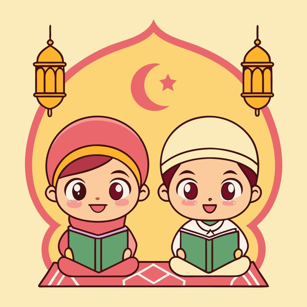 Cute Muslim kids reading books together under a crescent moon and star, with hanging lanterns. vector