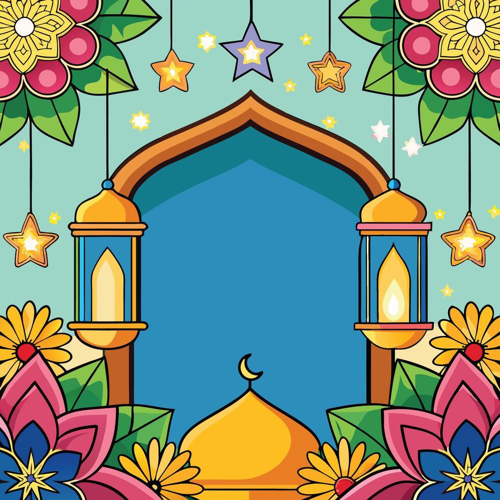 Festive Islamic illustration with floral decorations, stars, lanterns, and a mosque dome. vector