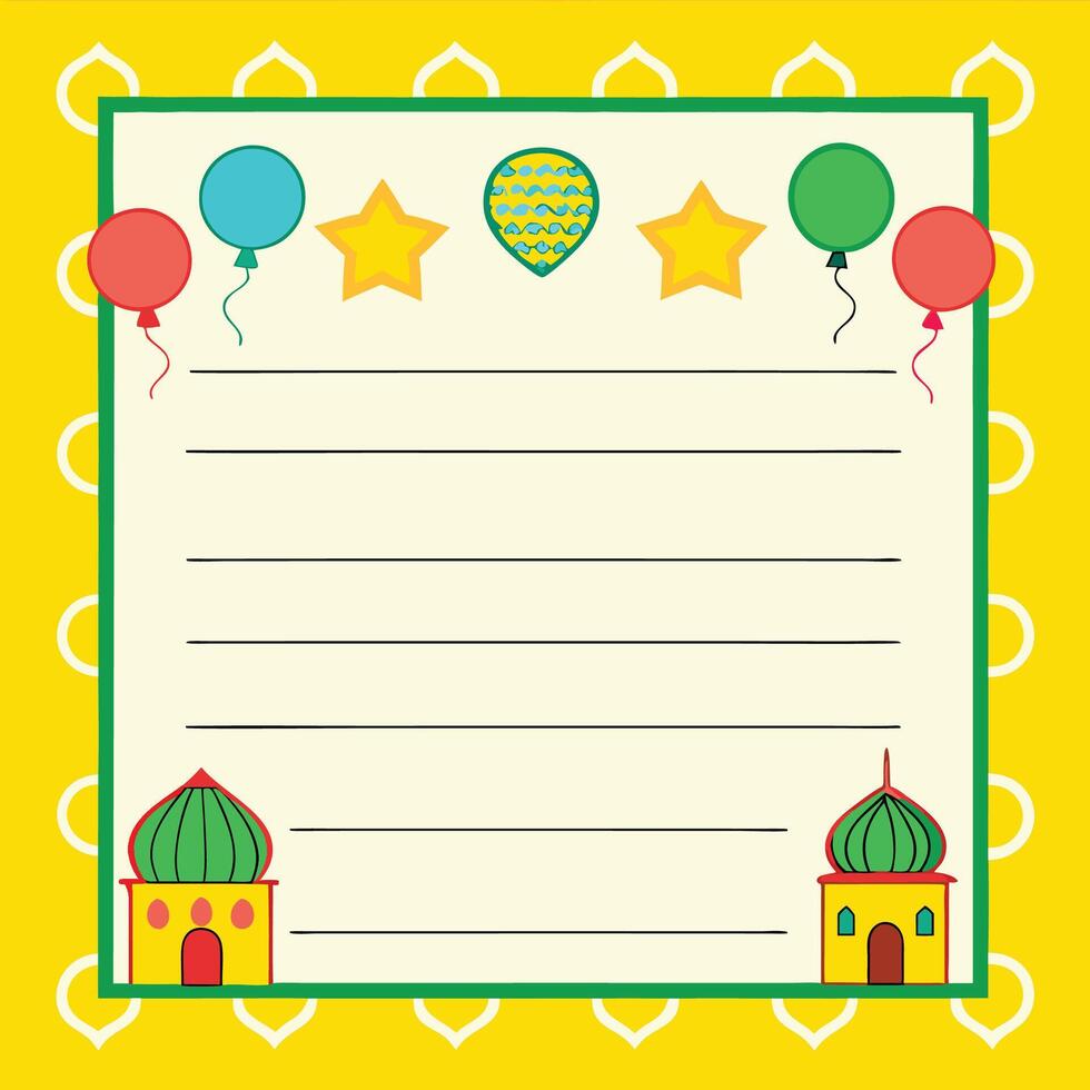 Festive yellow note card with balloons, stars, and mosques. vector