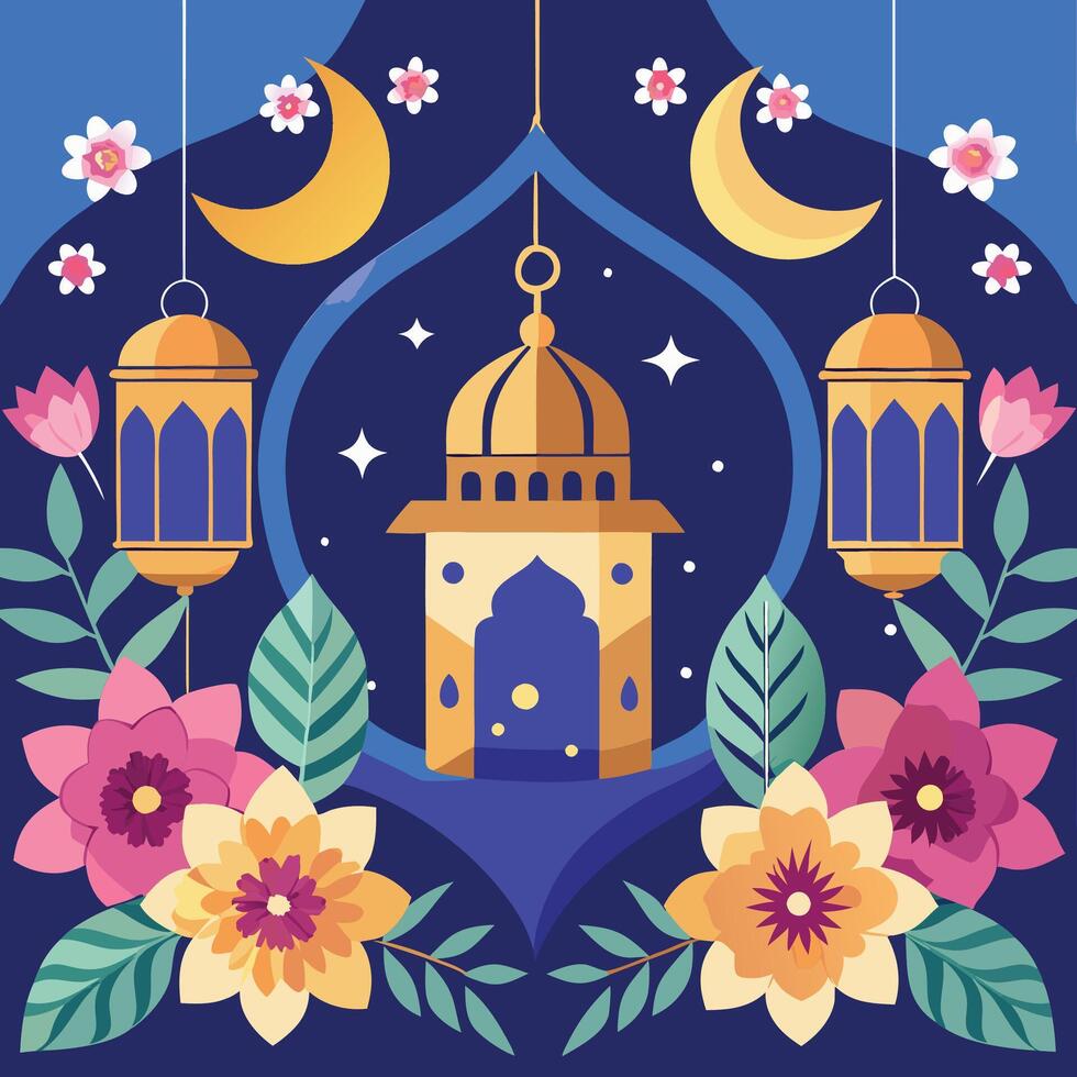 Festive Islamic illustration with floral elements, crescent moons, lanterns, and mosque. vector