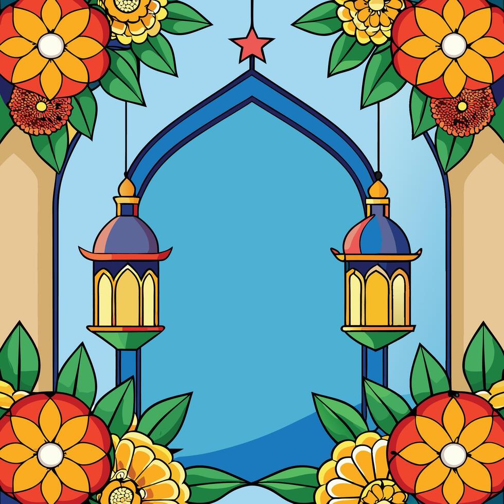 Festive floral frame with lanterns and archway. vector