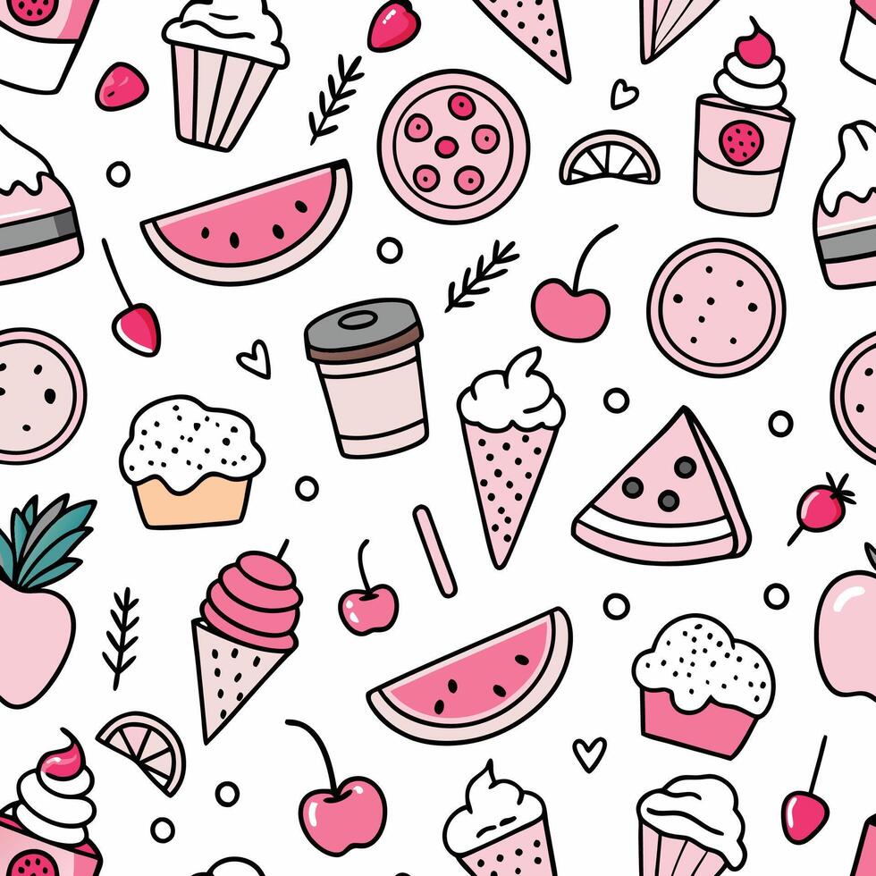 Cute seamless pattern with various pink desserts, fruits, and drinks. vector