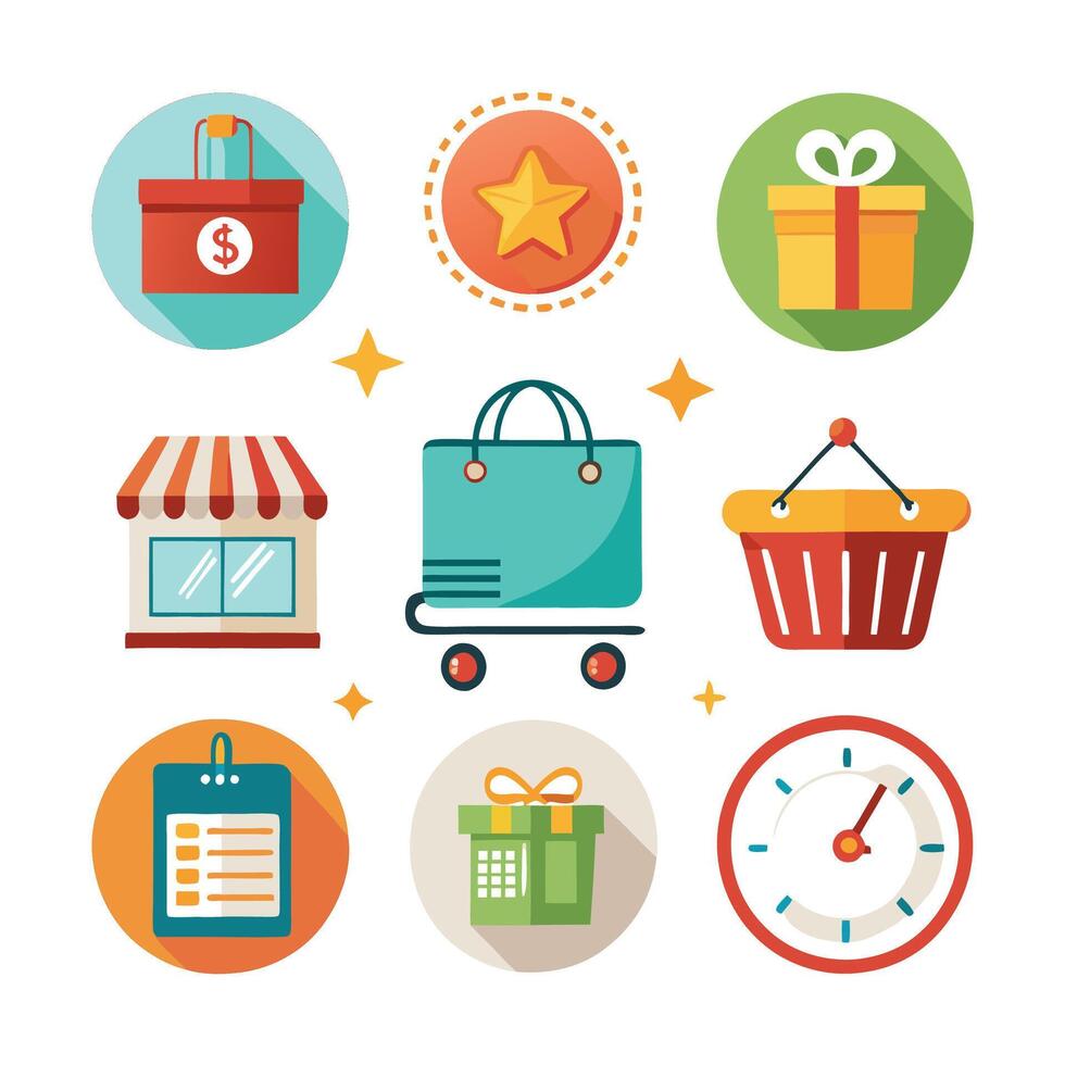 Flat design icons depicting online shopping, gifts, rewards, speed, and checklist. vector