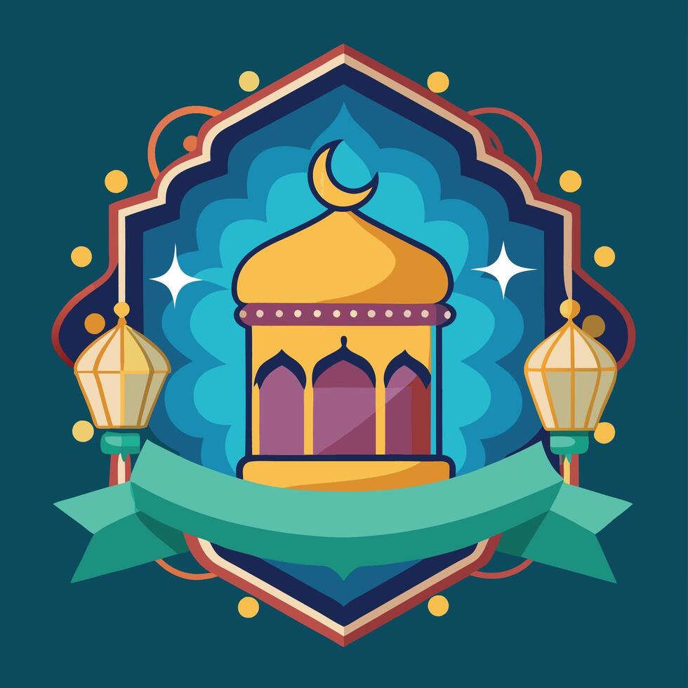 Festive Islamic Lantern with Crescent Moon and Stars in Ornate Frame. vector