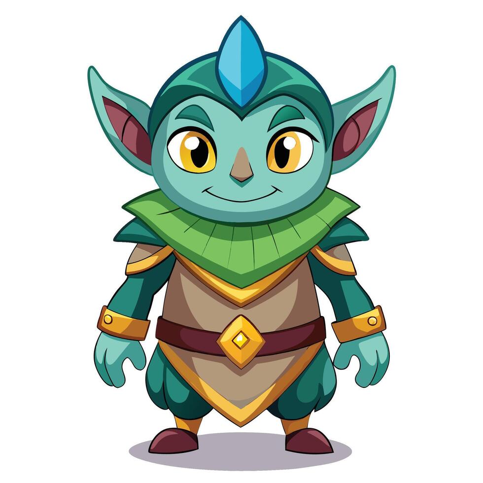 Cute teal elf warrior cartoon character with big eyes, pointy ears, and gold accents. vector