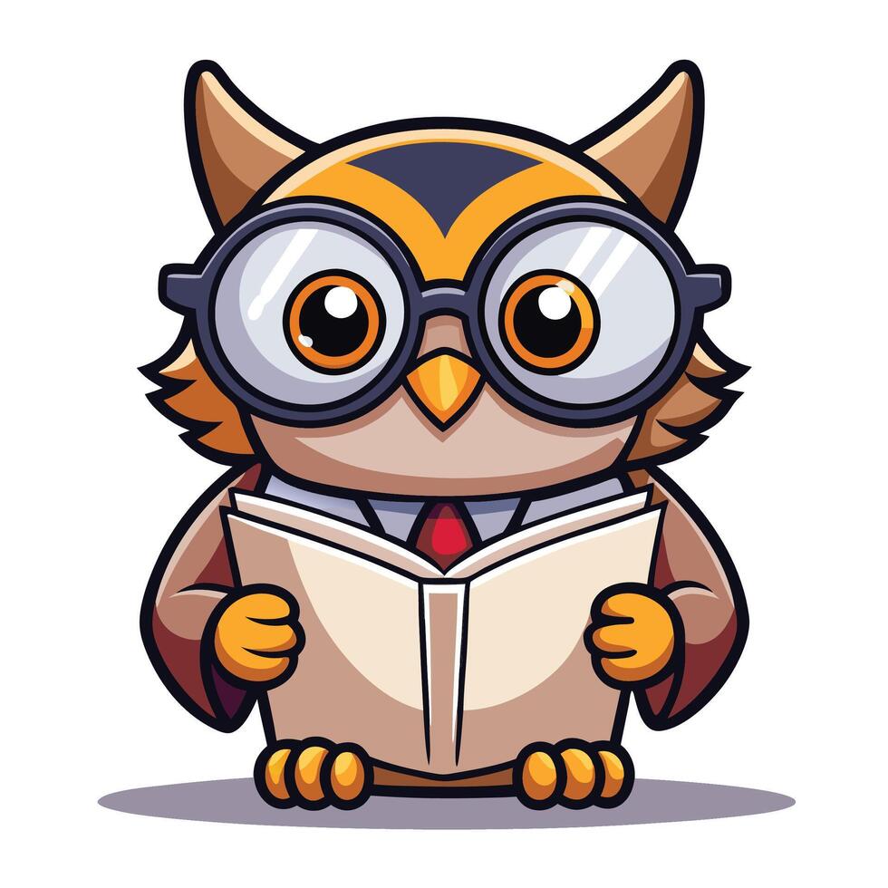 Cute owl wearing glasses reading a book. vector