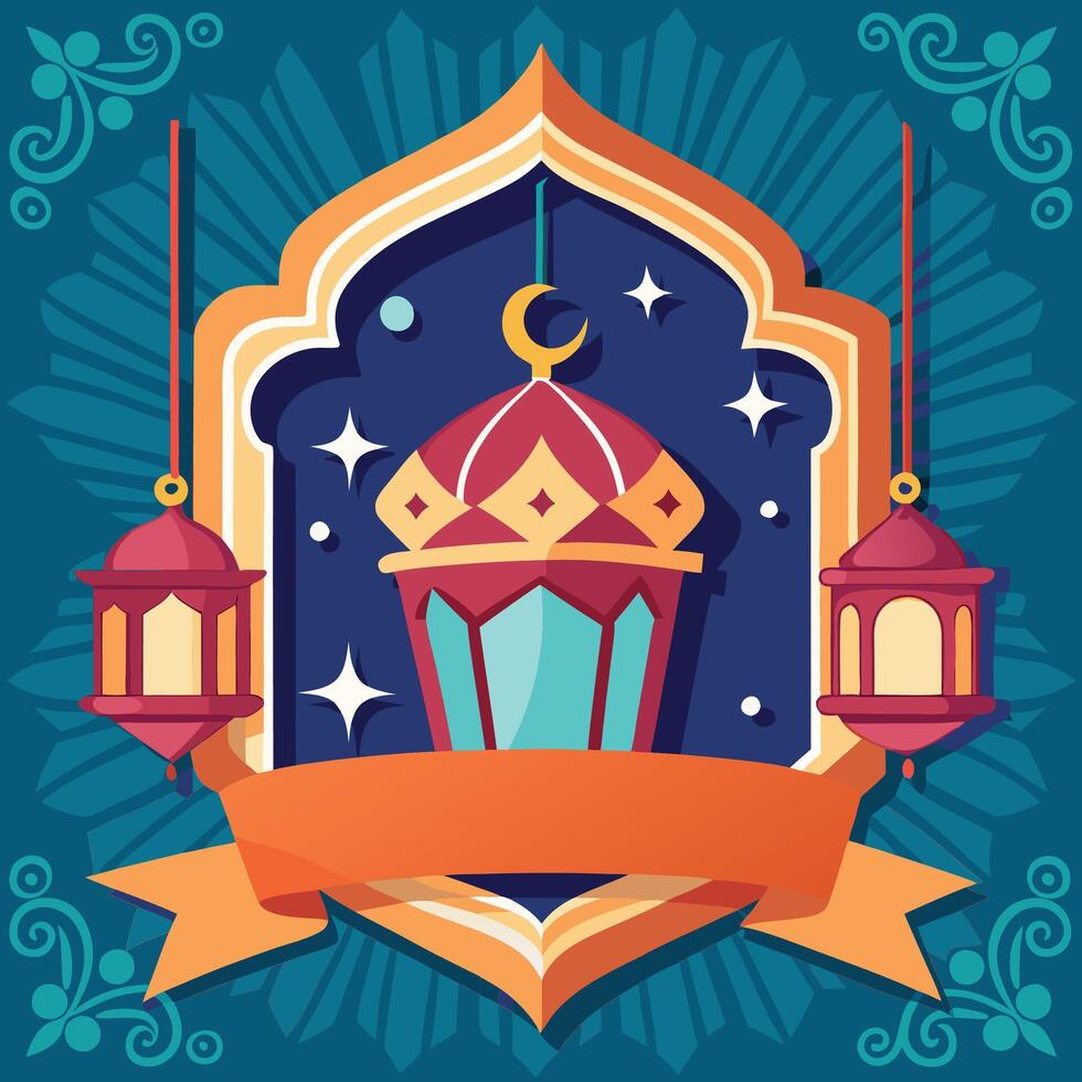 Festive Islamic Lantern with crescent moon and stars, hanging lamps, and banner. vector