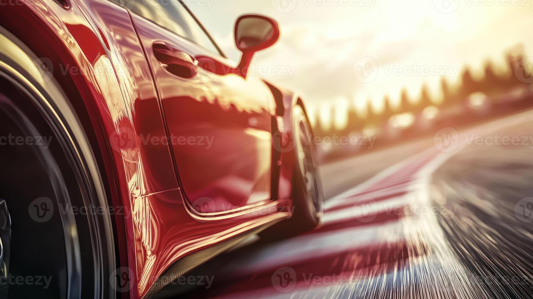 close up view of red race car on track, showcasing speed and motion. sun sets in background, creating dynamic atmosphere photo